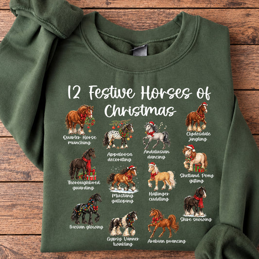 Christmas Horse Sweatshirt, 12 Festive Horses Of Christmas Crewneck Sweatshirt Xmas Gift For Horse Lover