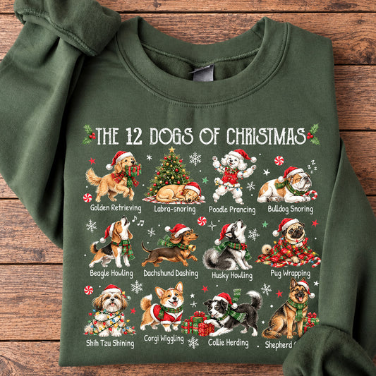 Christmas Dog Sweatshirt, The 12 Dogs Of Christmas Crewneck Sweatshirt Xmas Gift For Dog Lover
