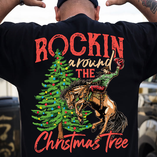 Funny Christmas Cowboy Rodeo Backside T-shirt, Rockin Around The Christmas Tree Tees Xmas Gift For Cowboys, Rodeo Lover