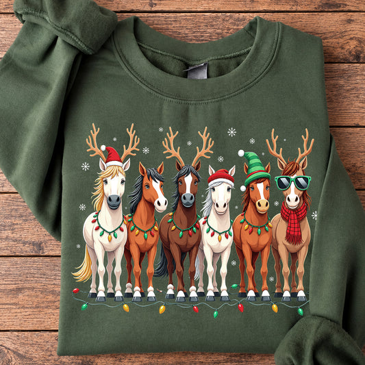 Funny Christmas Horse Sweatshirt, Six Horses Wearing Reindeer Antlers Crewneck Sweatshirt Xmas Gift For Horse Lover