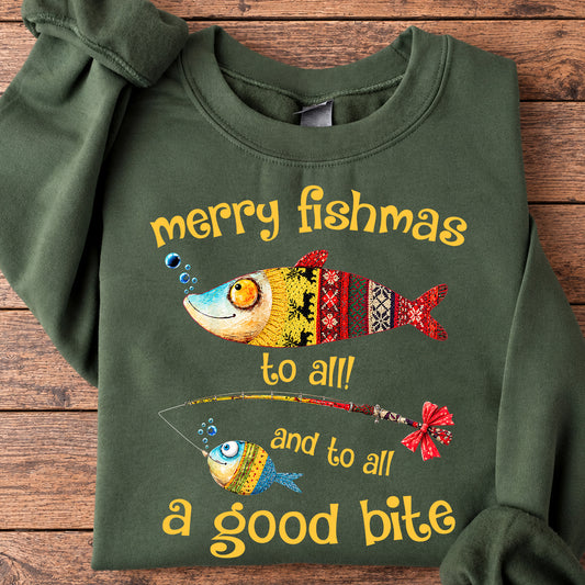Funny Christmas Fishing Sweatshirt, Merry Fishmas To All Crewneck Sweatshirt Xmas Gift For Fishing Lover