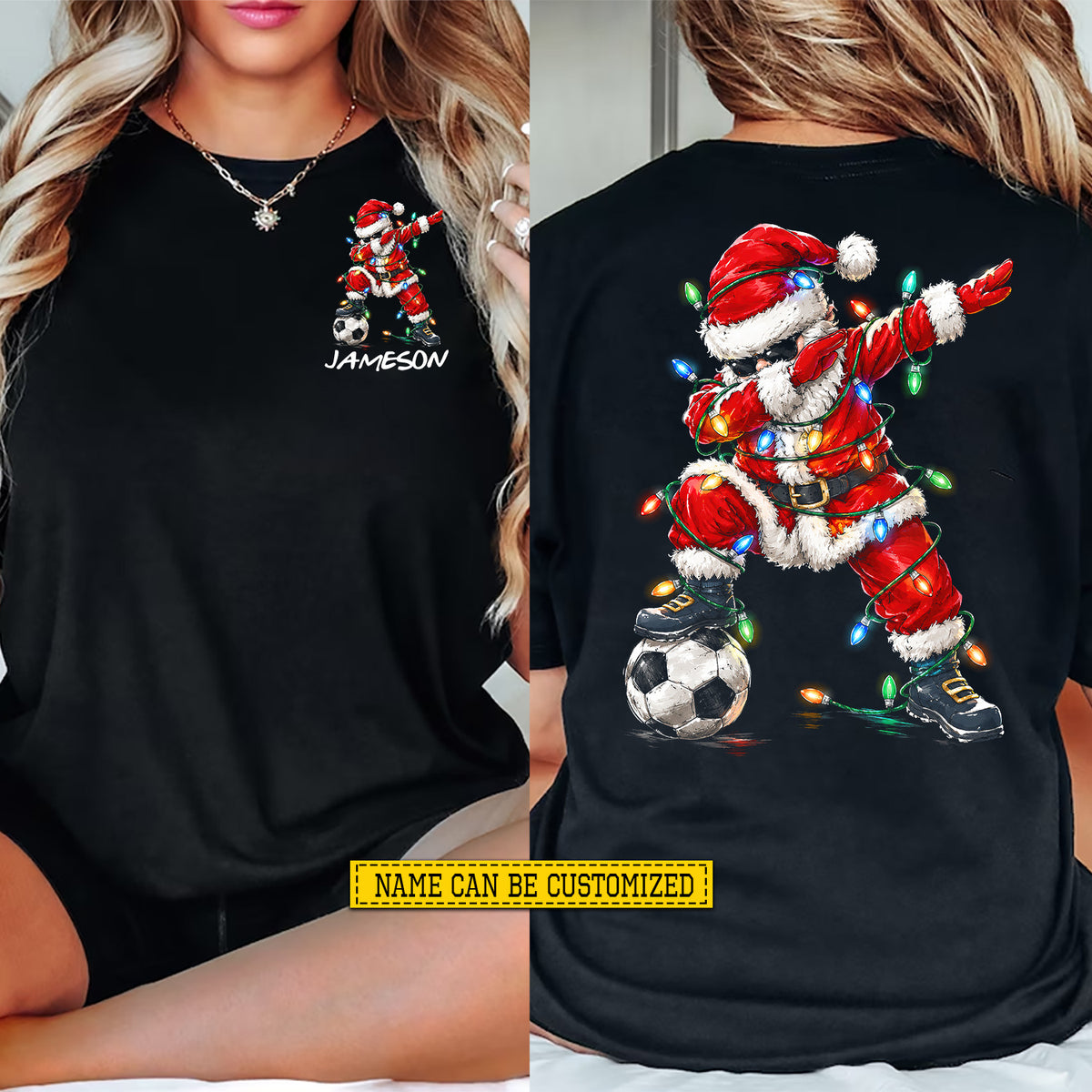 Personalized Christmas Soccer Two-sided T-shirt, Dabbing Santa Soccer Sports Tees Spooky Season Gift For Soccer Lovers