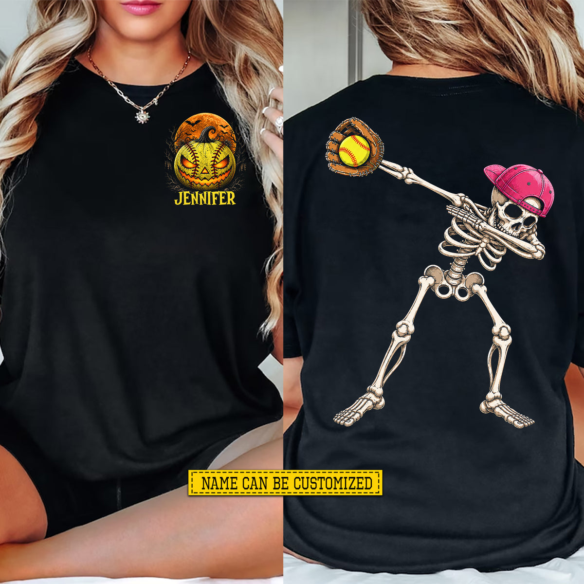 Personalized Halloween Softball Two-sided T-shirt, Skeleton Softball Player Tees Spooky Season Gift For Softball Lover