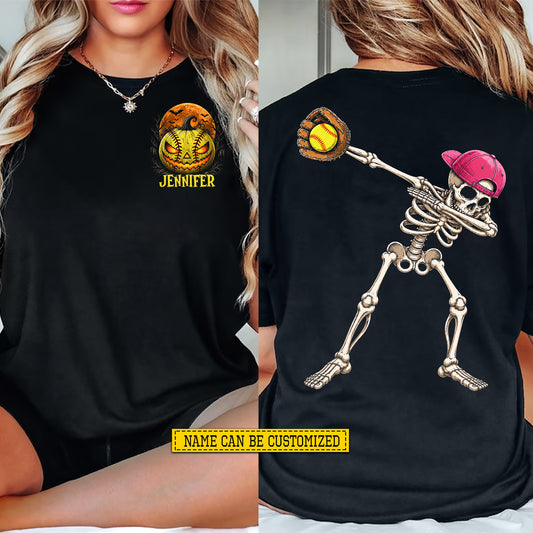 Personalized Halloween Softball Two-sided T-shirt, Skeleton Softball Player Tees Spooky Season Gift For Softball Lover