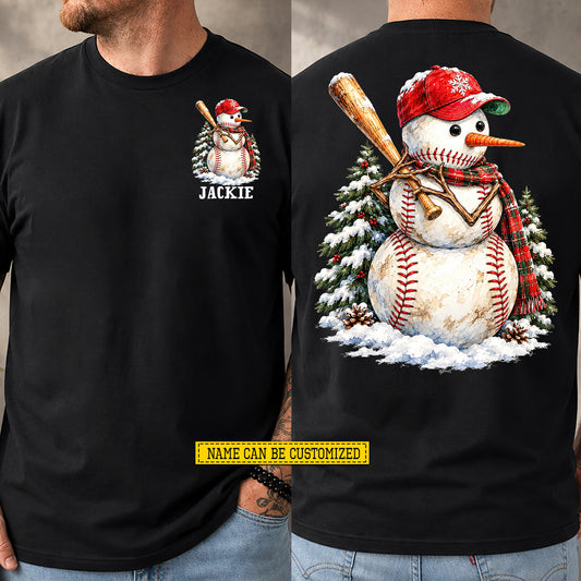 Personalized Christmas Baseball Two-sided T-shirt, Snowman Baseball Player Sport Tees, Xmas Gift For Baseball Lover