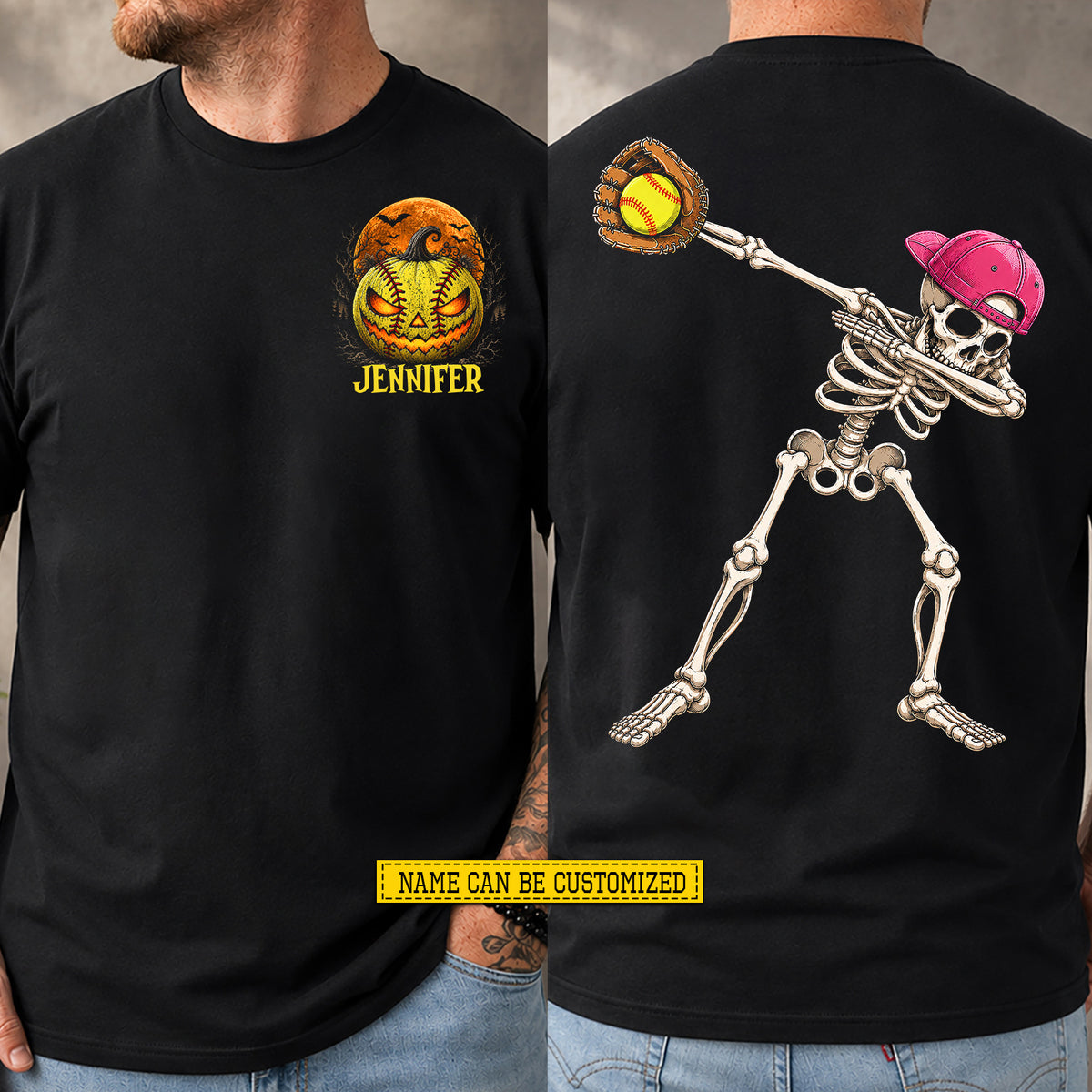 Personalized Halloween Softball Two-sided T-shirt, Skeleton Softball Player Tees Spooky Season Gift For Softball Lover