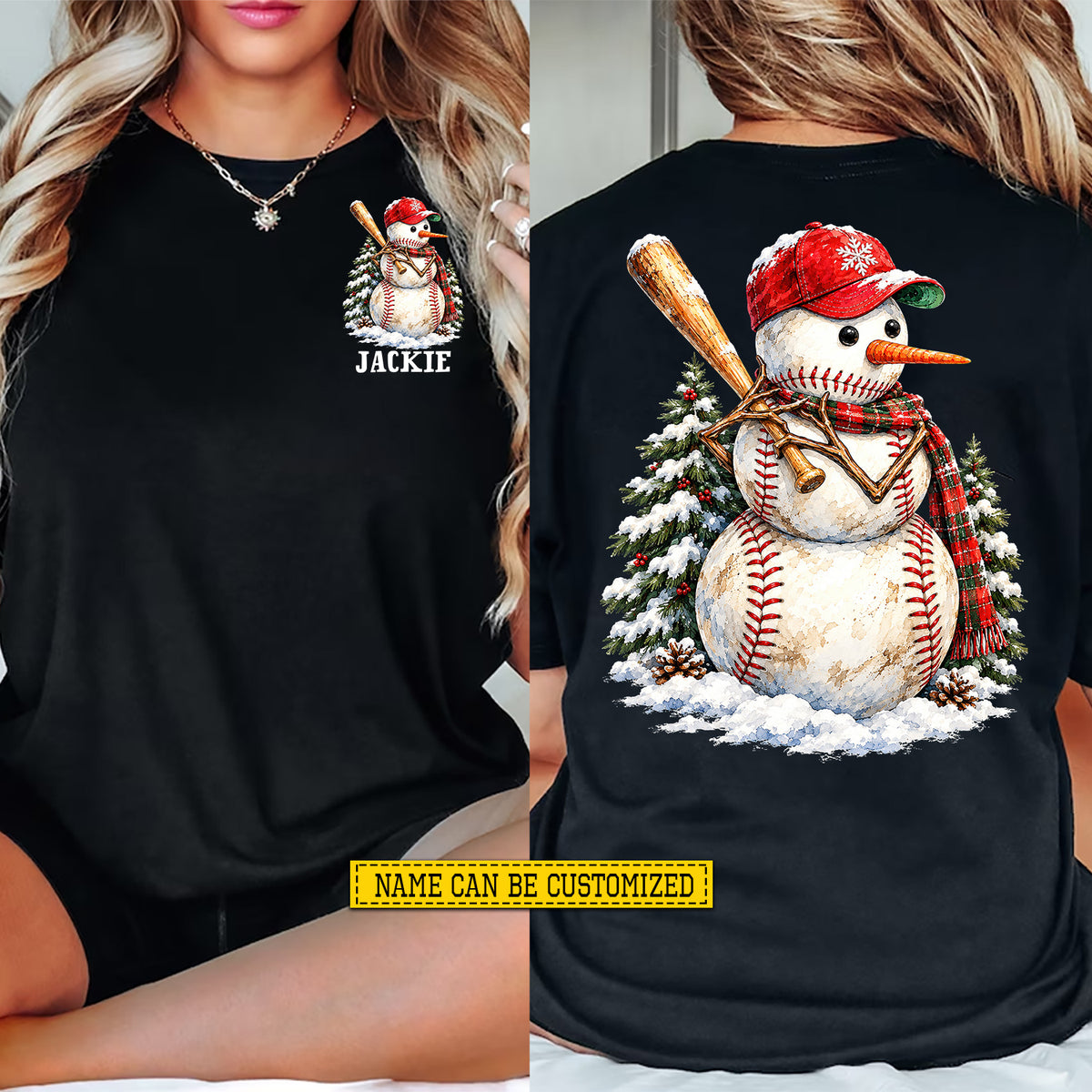 Personalized Christmas Baseball Two-sided T-shirt, Snowman Baseball Player Sport Tees, Xmas Gift For Baseball Lover