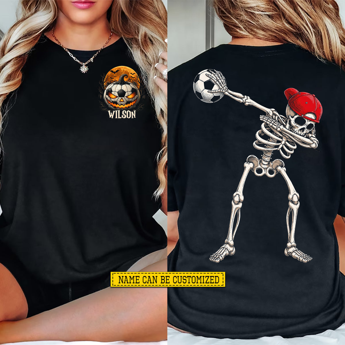 Personalized Halloween Soccer Two-sided T-shirt, Skeleton Soccer Player Sport Tees Spooky Season Gift For Soccer Lover