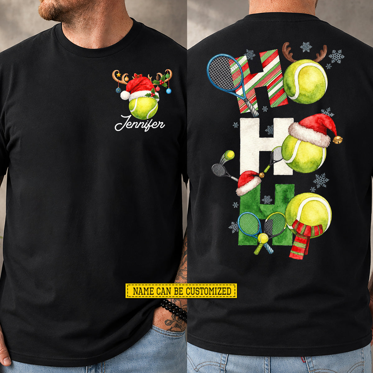 Personalized Christmas Tennis Two-sided T-shirt, Ho Ho Ho Sport Tees, Xmas Gift For Tennis Lover