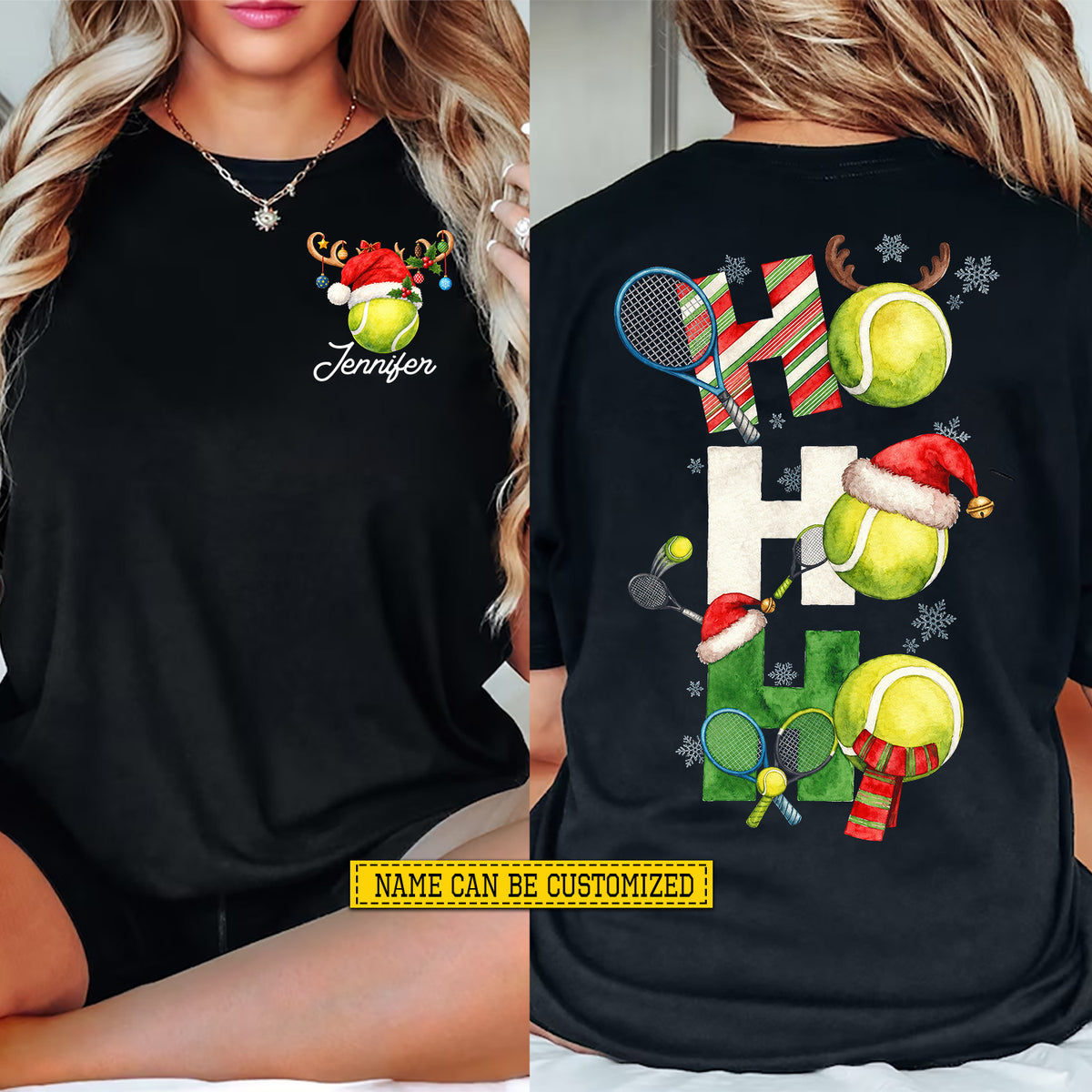 Personalized Christmas Tennis Two-sided T-shirt, Ho Ho Ho Sport Tees, Xmas Gift For Tennis Lover