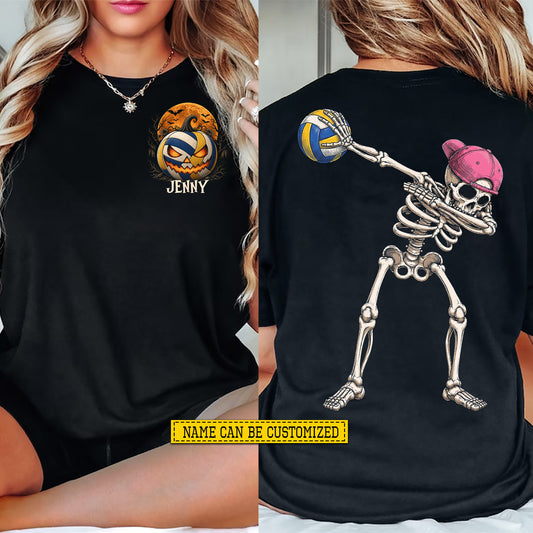 Personalized Halloween Volleyball Two-sided T-shirt, Skeleton Volleyball Player Sport Tees Spooky Season Gift For Volleyball Lover