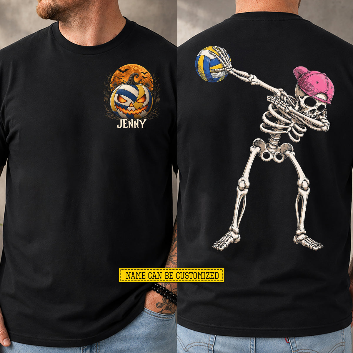 Personalized Halloween Volleyball Two-sided T-shirt, Skeleton Volleyball Player Sport Tees Spooky Season Gift For Volleyball Lover