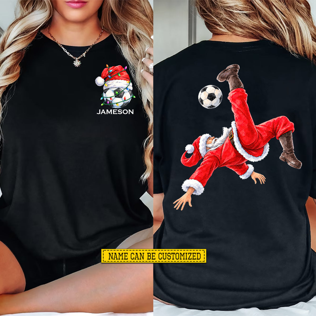 Personalized Christmas Soccer Two-sided T-shirt, Santa Bicycle Kick Soccer Sports Tees Spooky Season Gift For Soccer Lovers