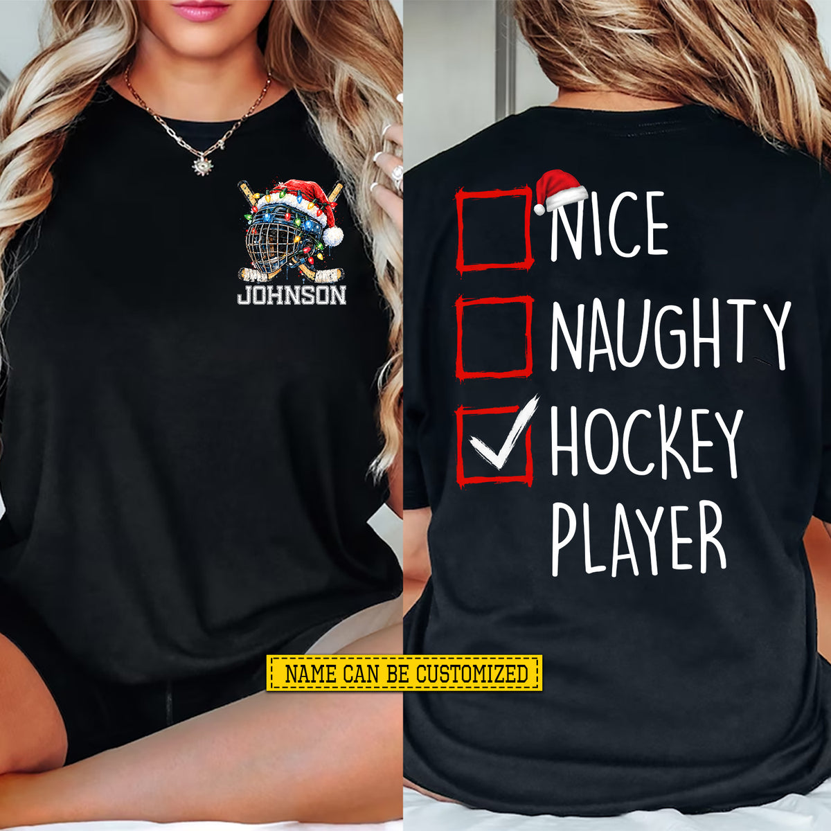 Personalized Christmas Hockey Two-sided T-shirt, Nice Naughty Hockey Player Sports Tees Spooky Season Gift For Hockey Lovers