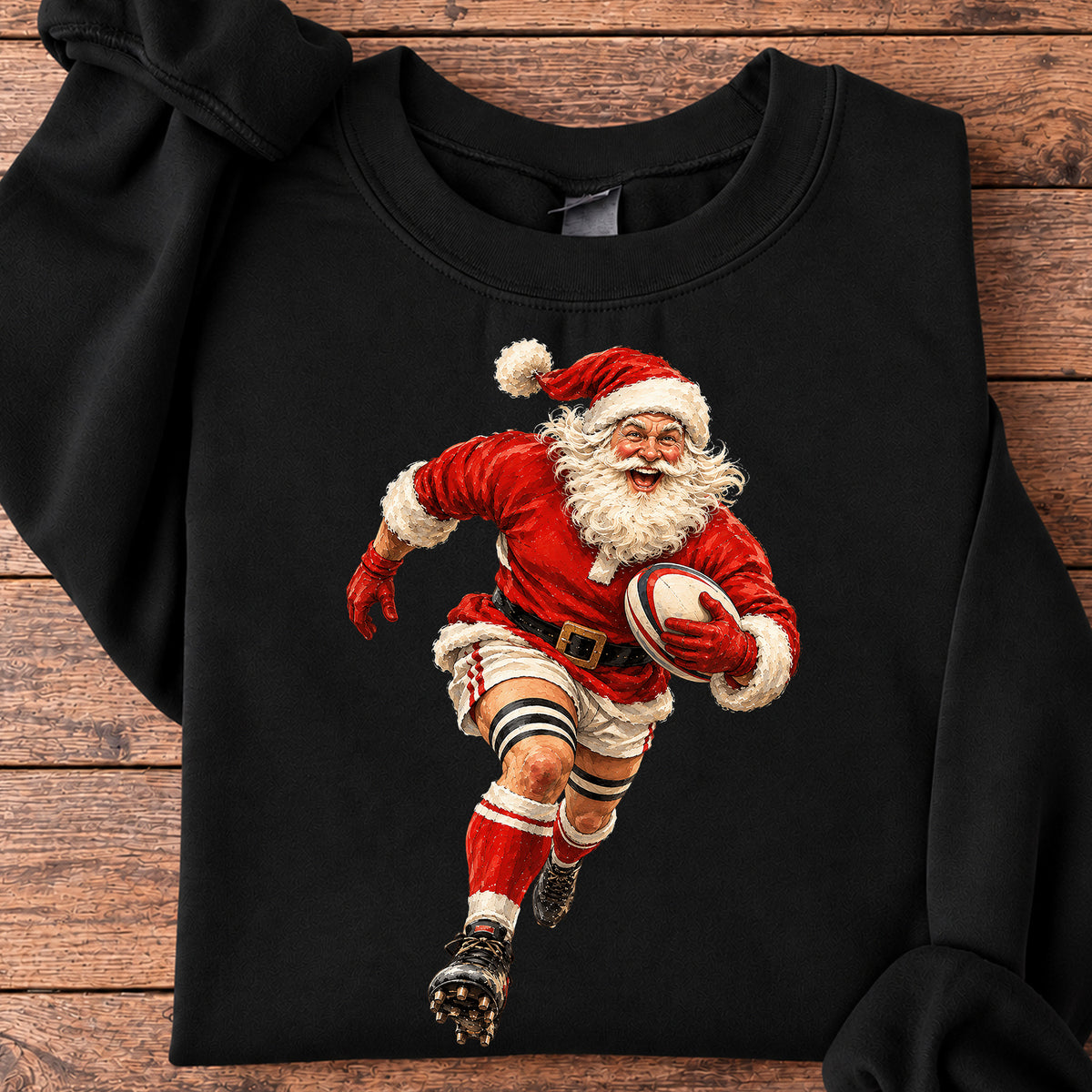 Christmas Santa Rugby Sweatshirt, Santa Running With Rugby Ball Crewneck Sweatshirt Xmas Gift For Rugby Lover