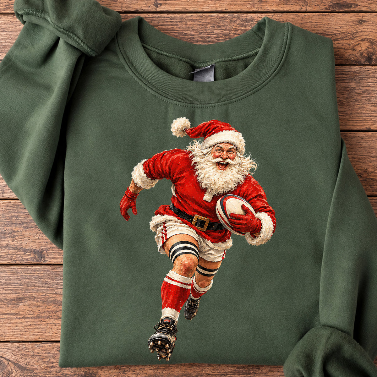 Christmas Santa Rugby Sweatshirt, Santa Running With Rugby Ball Crewneck Sweatshirt Xmas Gift For Rugby Lover