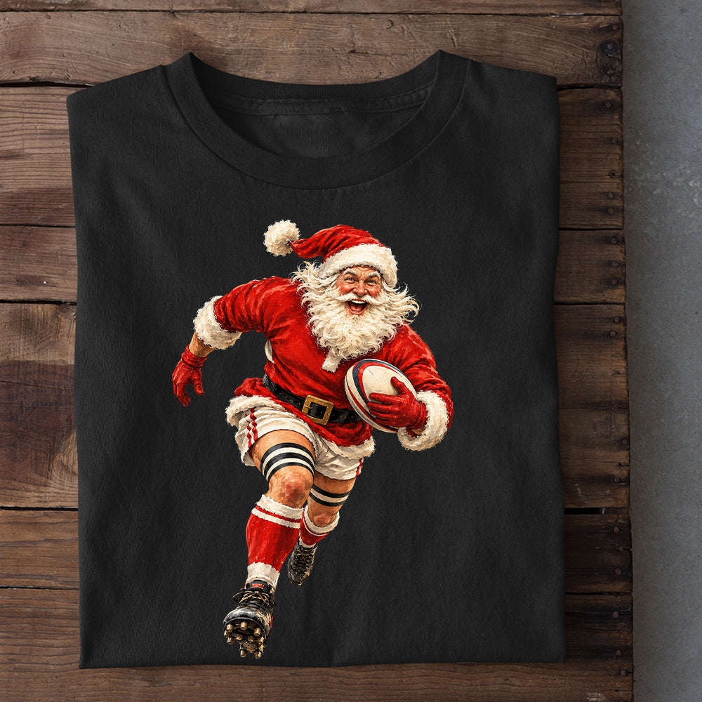 Christmas Santa Rugby Sweatshirt, Santa Running With Rugby Ball Crewneck Sweatshirt Xmas Gift For Rugby Lover