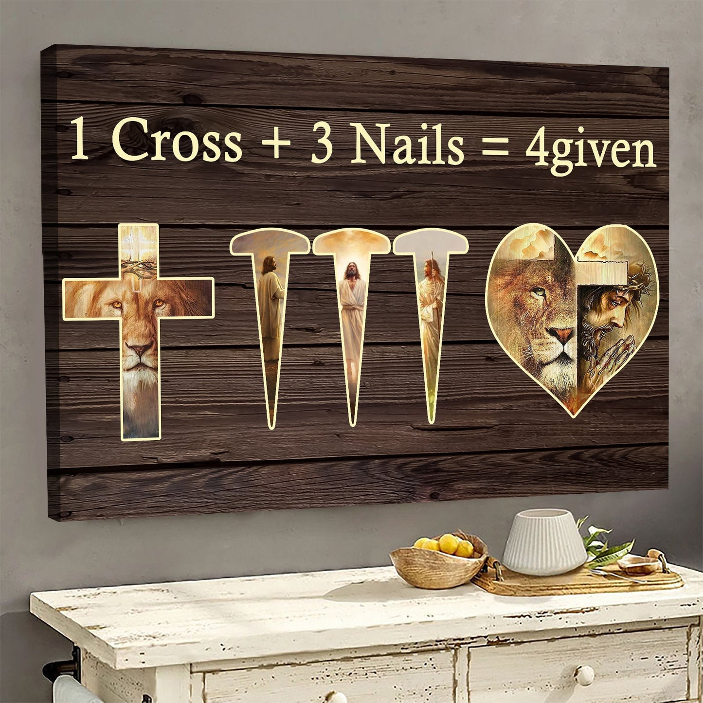 1 Cross + 3 Nails = 4Given, Lion Canvas Painting, Jesus Wall Art Decor, Poster Gift For Christian Lovers