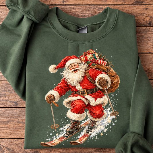 Christmas Skiing Santa Sweatshirt, Santa Claus Skiing Downhill Crewneck Sweatshirt Xmas Gift For Skiing Lover