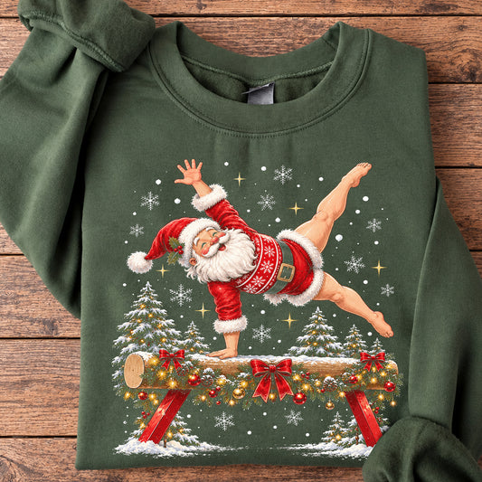 Christmas Gymnastics Santa Sweatshirt, Santa On Balance Beam Crewneck Sweatshirt Xmas Gift For Gymnastics Lover