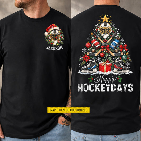 Personalized Christmas Hockey Two-sided T-shirt, Happy HockeyDays Sports Tees Spooky Season Gift For Hockey Lovers