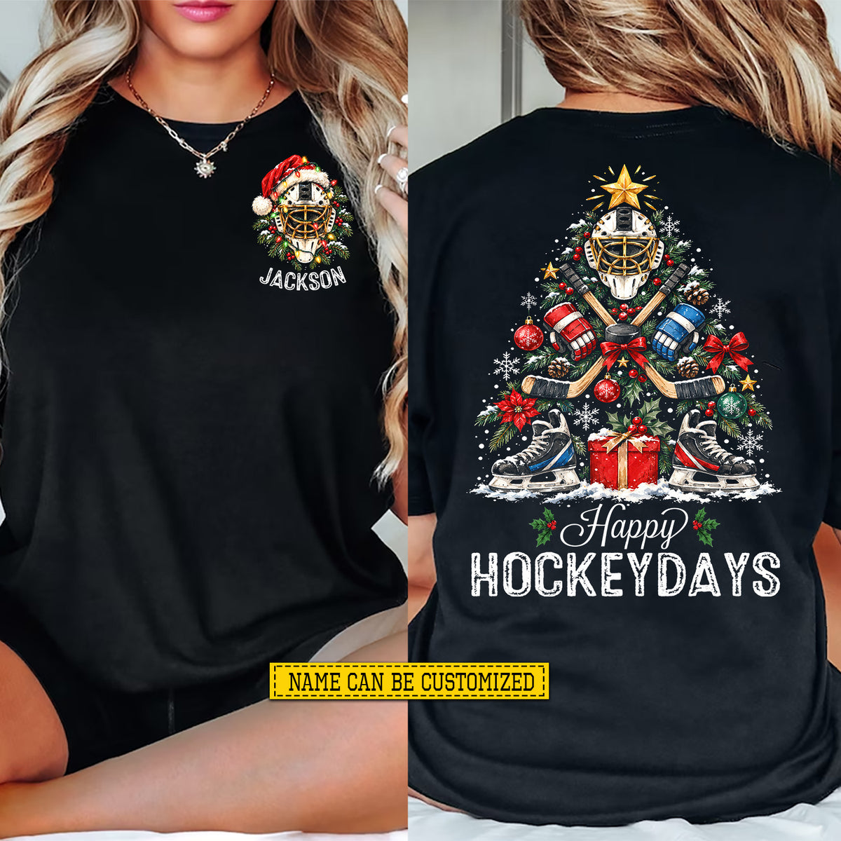 Personalized Christmas Hockey Two-sided T-shirt, Happy HockeyDays Sports Tees Spooky Season Gift For Hockey Lovers