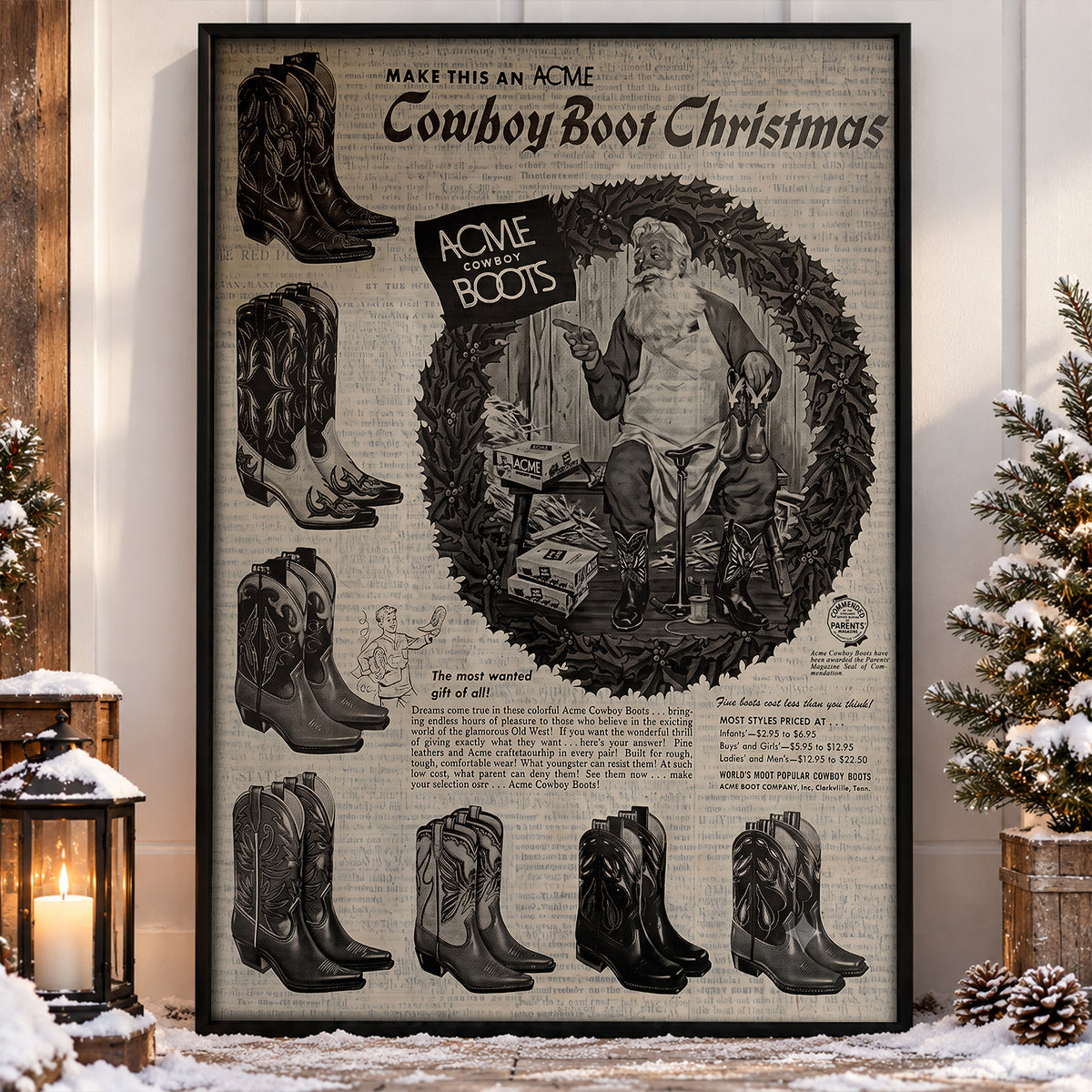 Christmas Cowboy Boot Canvas Painting, Santa ACME Boots Advertisement Wall Art Decor, Xmas Poster Gift For Cowboys