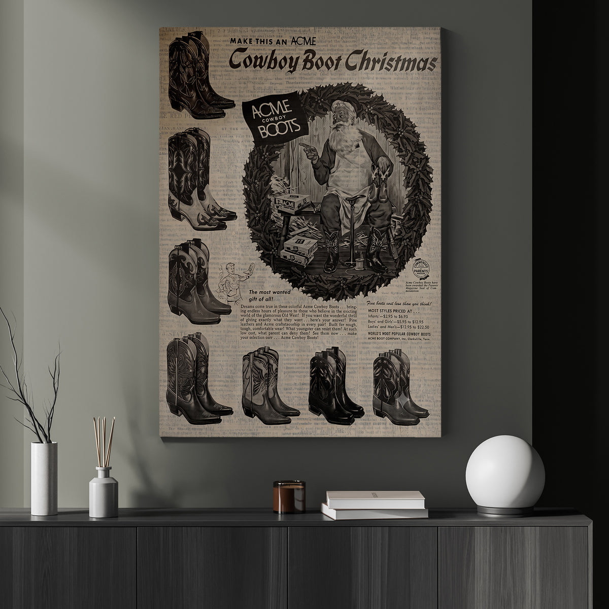 Christmas Cowboy Boot Canvas Painting, Santa ACME Boots Advertisement Wall Art Decor, Xmas Poster Gift For Cowboys