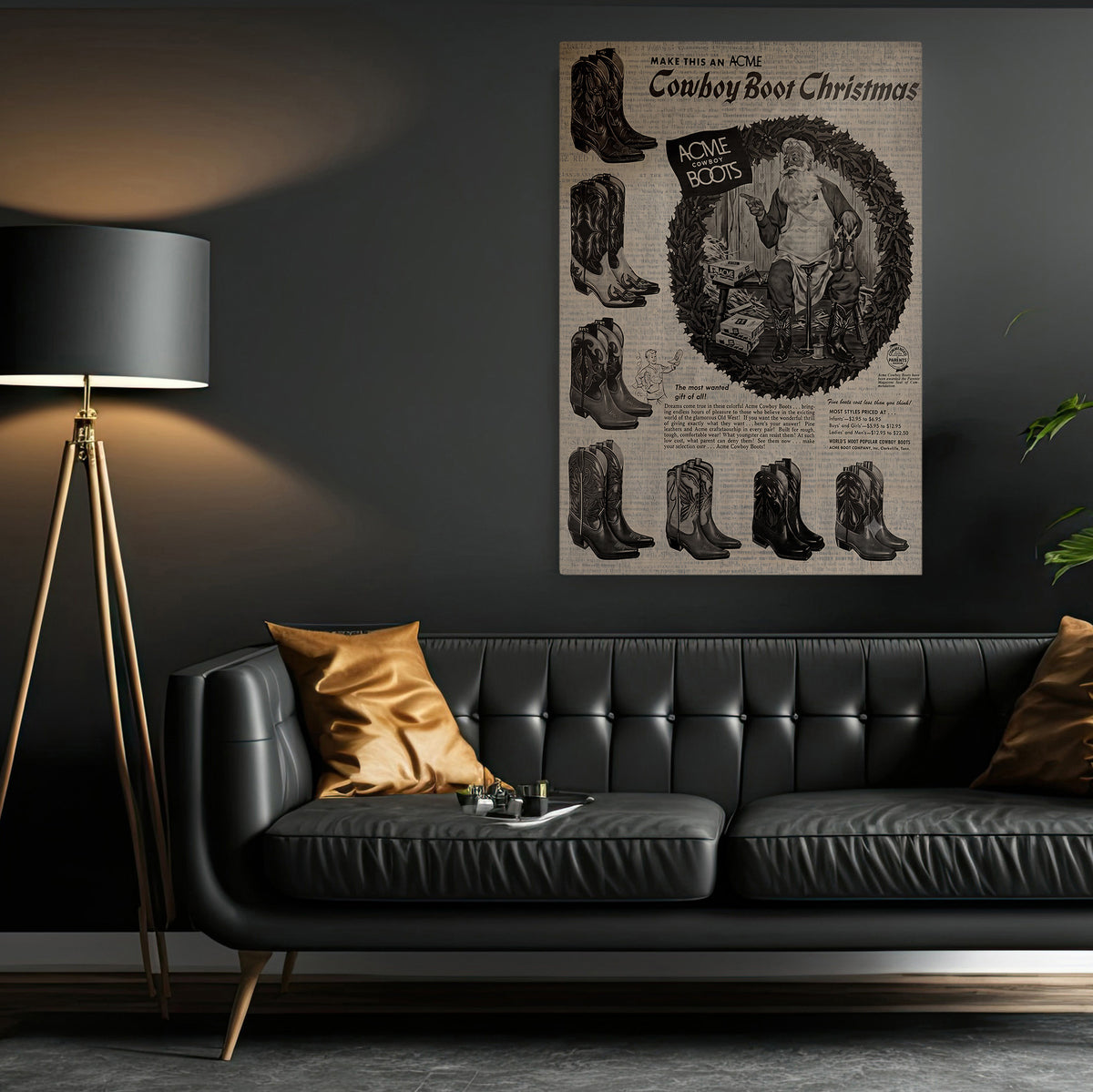 Christmas Cowboy Boot Canvas Painting, Santa ACME Boots Advertisement Wall Art Decor, Xmas Poster Gift For Cowboys