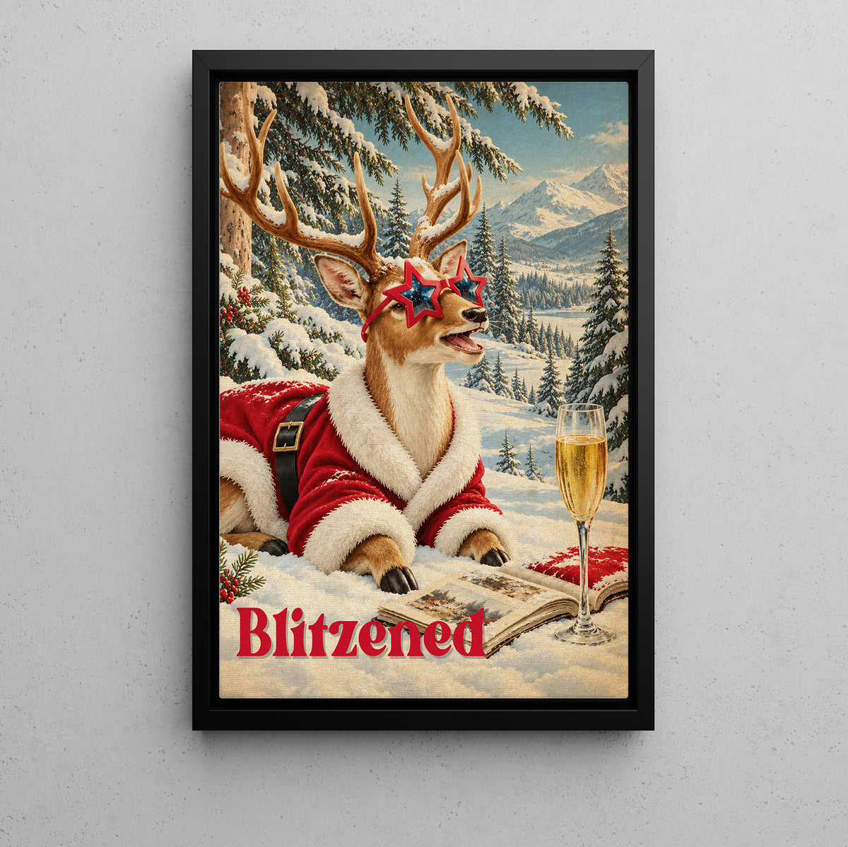 Funny Christmas Blitzed Reindeer Canvas Painting, Santa Deer With Star Sunglasses And Champagne Wall Art Decor, Xmas Poster Gift For Reindeer Lover