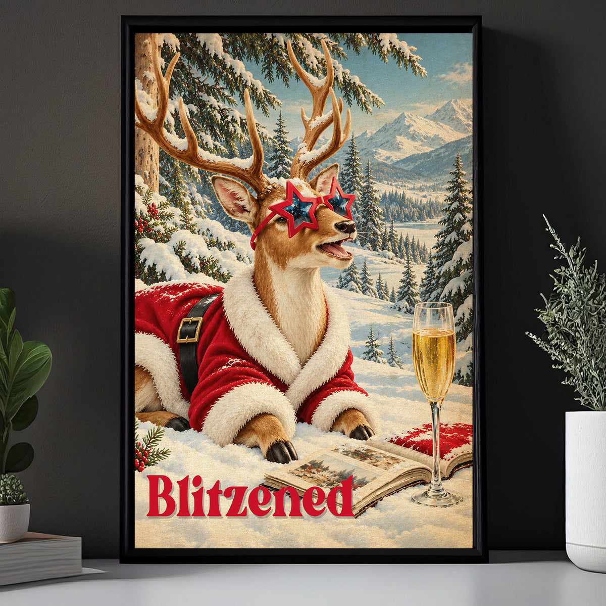 Funny Christmas Blitzed Reindeer Canvas Painting, Santa Deer With Star Sunglasses And Champagne Wall Art Decor, Xmas Poster Gift For Reindeer Lover