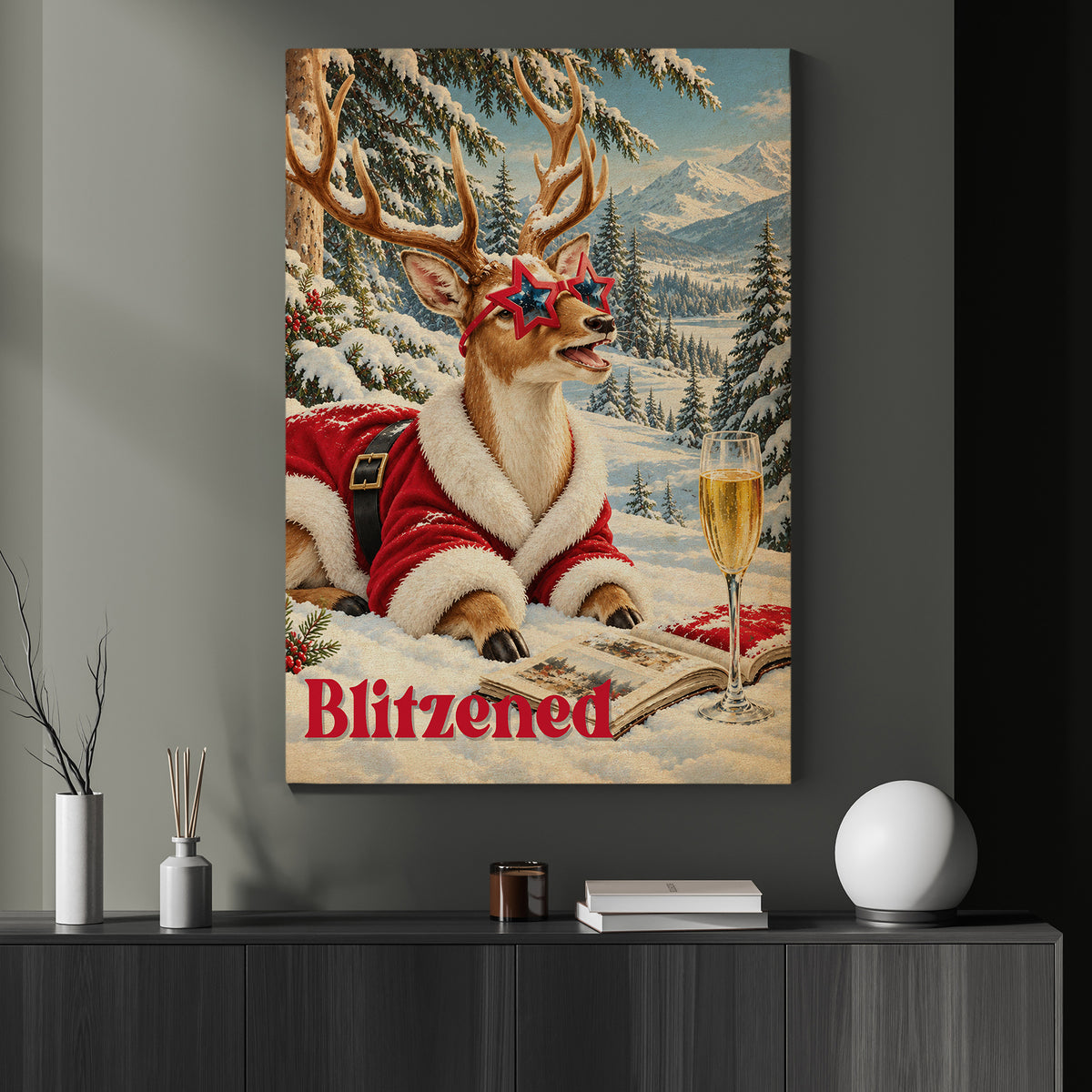 Funny Christmas Blitzed Reindeer Canvas Painting, Santa Deer With Star Sunglasses And Champagne Wall Art Decor, Xmas Poster Gift For Reindeer Lover