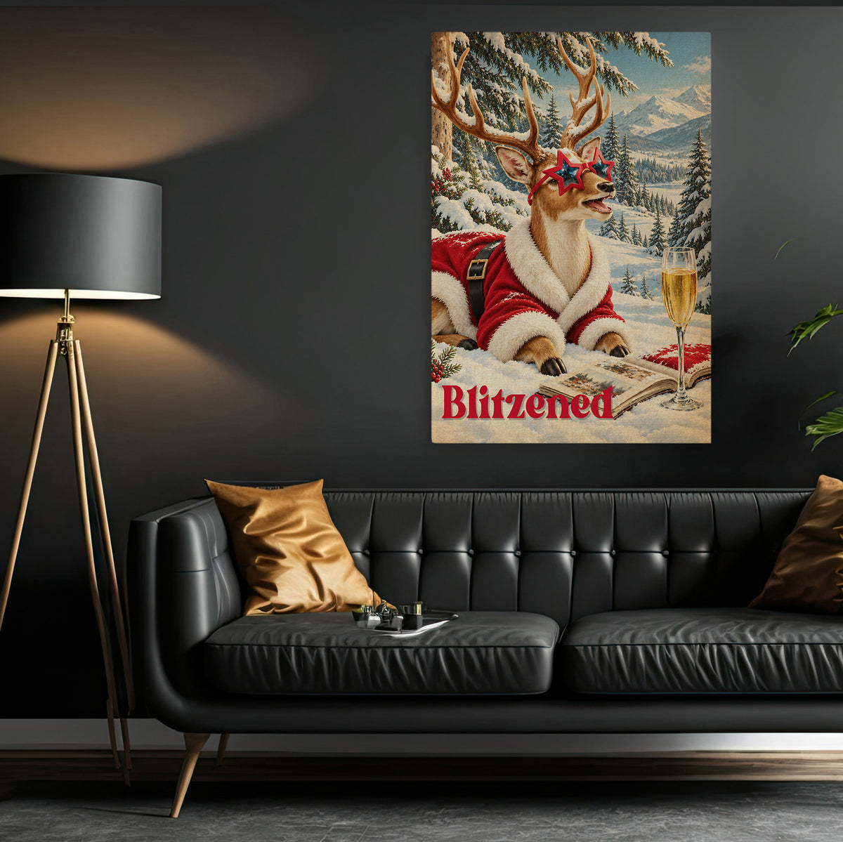 Funny Christmas Blitzed Reindeer Canvas Painting, Santa Deer With Star Sunglasses And Champagne Wall Art Decor, Xmas Poster Gift For Reindeer Lover