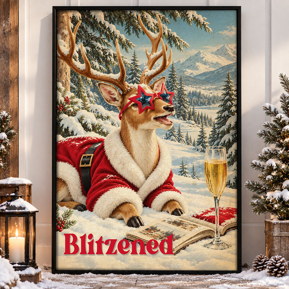 Funny Christmas Blitzed Reindeer Canvas Painting, Santa Deer With Star Sunglasses And Champagne Wall Art Decor, Xmas Poster Gift For Reindeer Lover