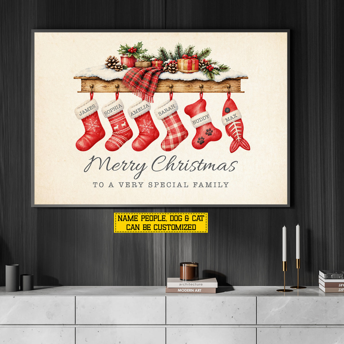 Personalized Christmas Stockings Canvas Painting, Pet Stocking Wall Art Decor, Xmas Poster Gift To Decor House Or Office