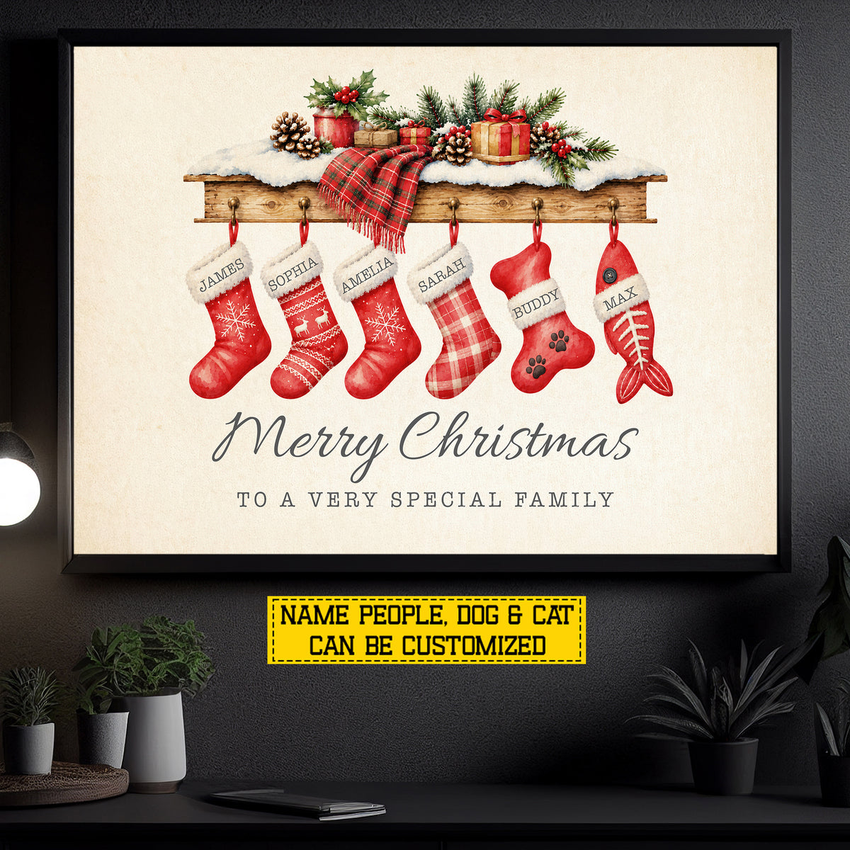 Personalized Christmas Stockings Canvas Painting, Pet Stocking Wall Art Decor, Xmas Poster Gift To Decor House Or Office