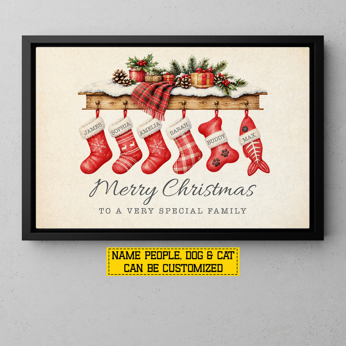 Personalized Christmas Stockings Canvas Painting, Pet Stocking Wall Art Decor, Xmas Poster Gift To Decor House Or Office