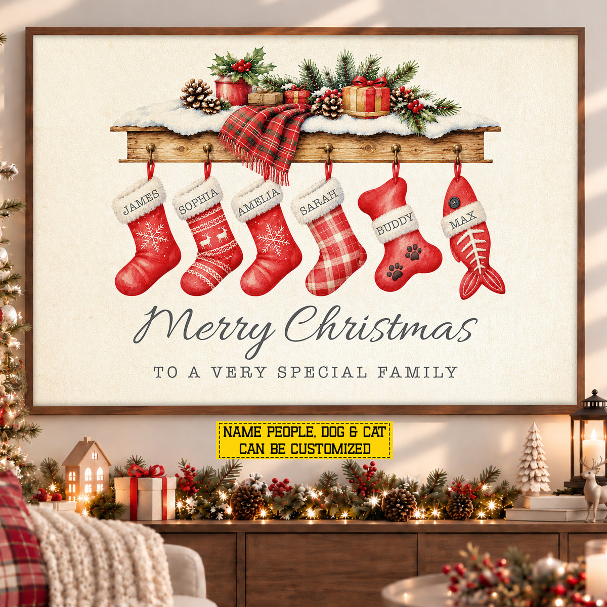Personalized Christmas Stockings Canvas Painting, Pet Stocking Wall Art Decor, Xmas Poster Gift To Decor House Or Office