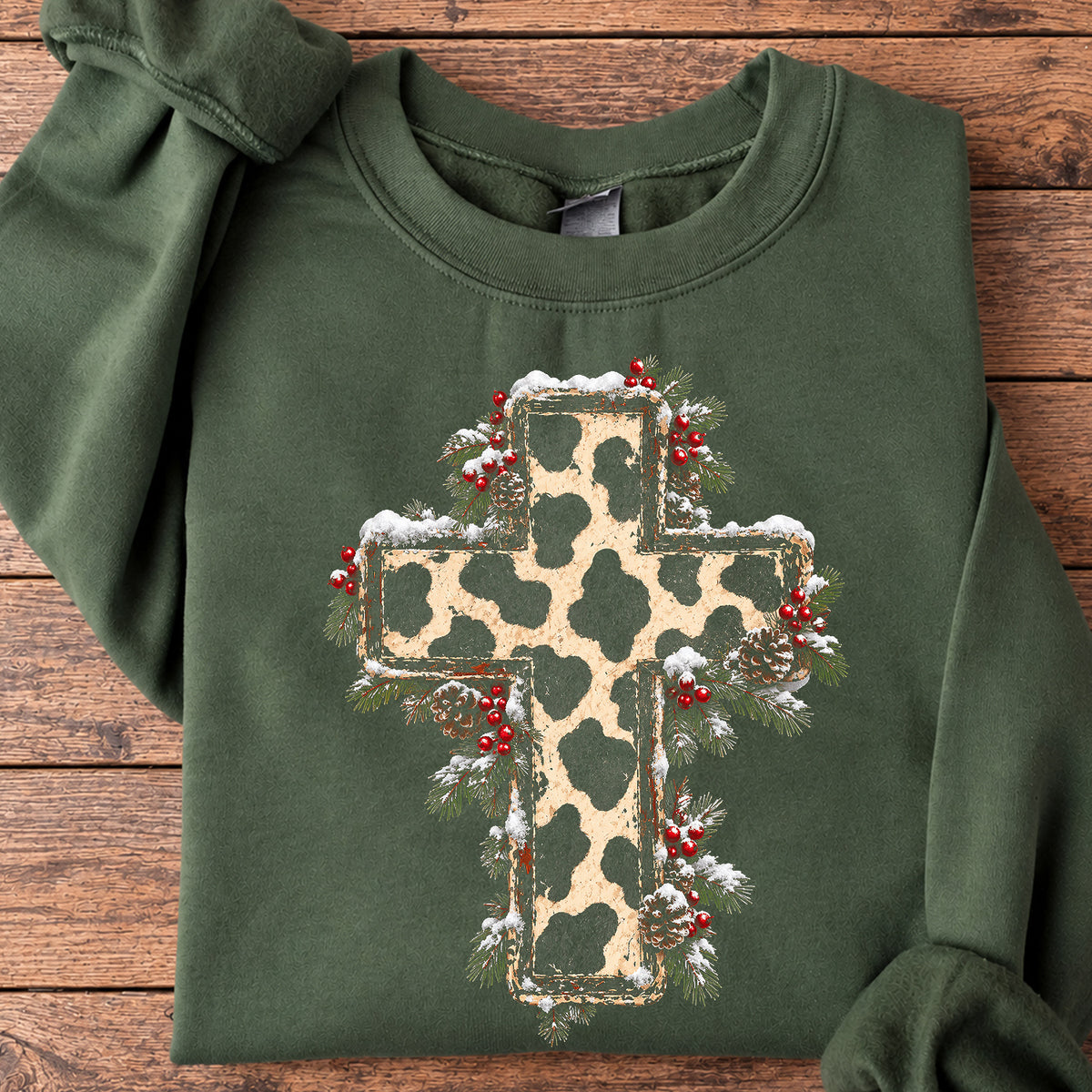 Christmas Cow Print Cross Sweatshirt, Western Christian Christmas Crewneck Sweatshirt Xmas Gift For Cow Lovers
