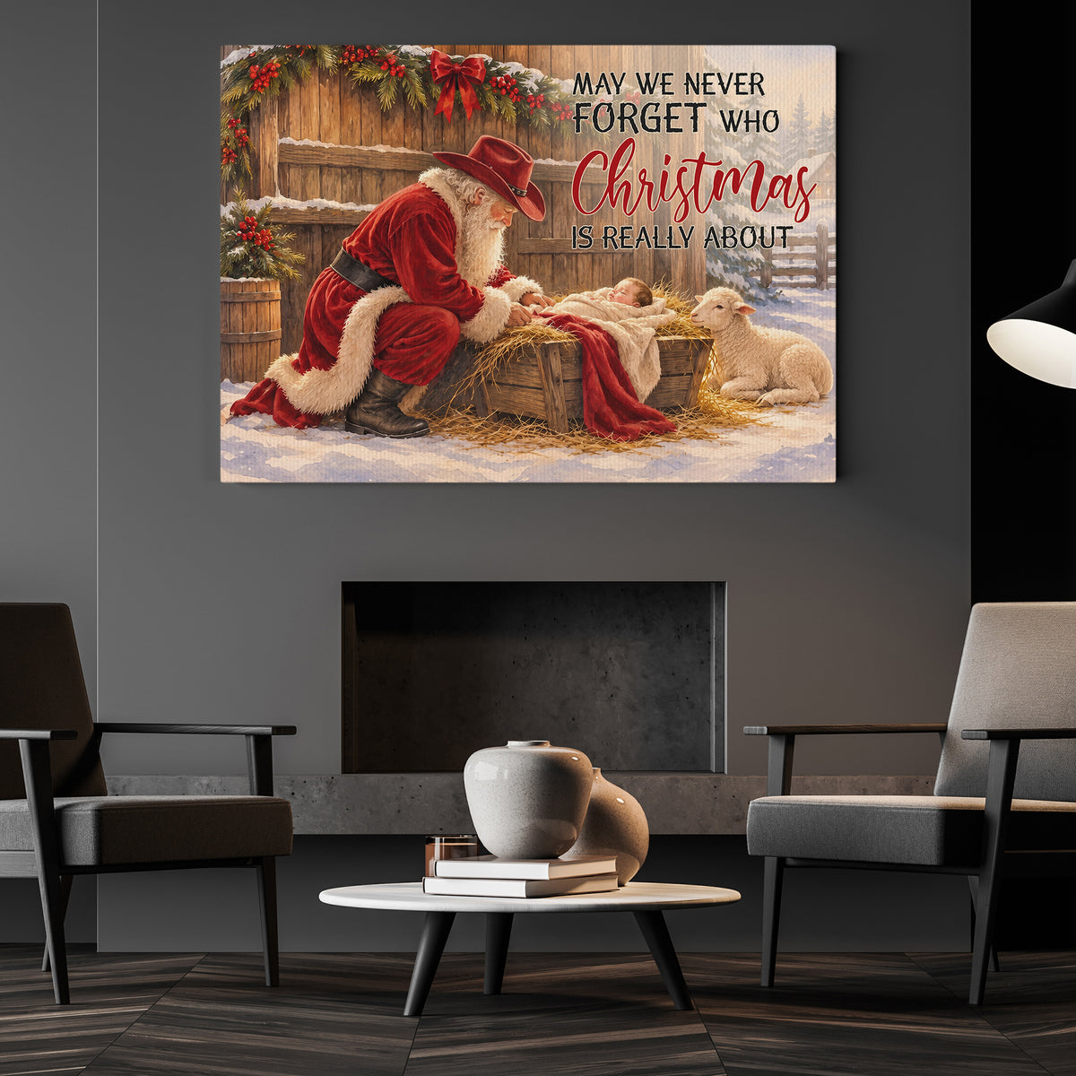 Christmas Cowboy Canvas Painting, May We Never Forget Who Christmas Is Really About Wall Art Decor, Xmas Poster Gift For Cowboys