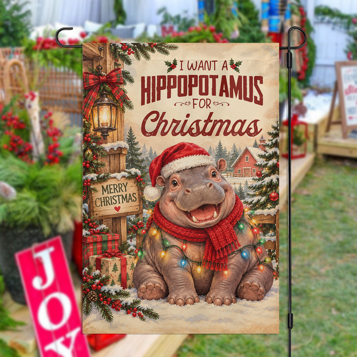 Vintage Merry Christmas Garden & House Flag, I Want A Hippopotamus For Christmas Yard Flag, Xmas Gift For Hippo Lover