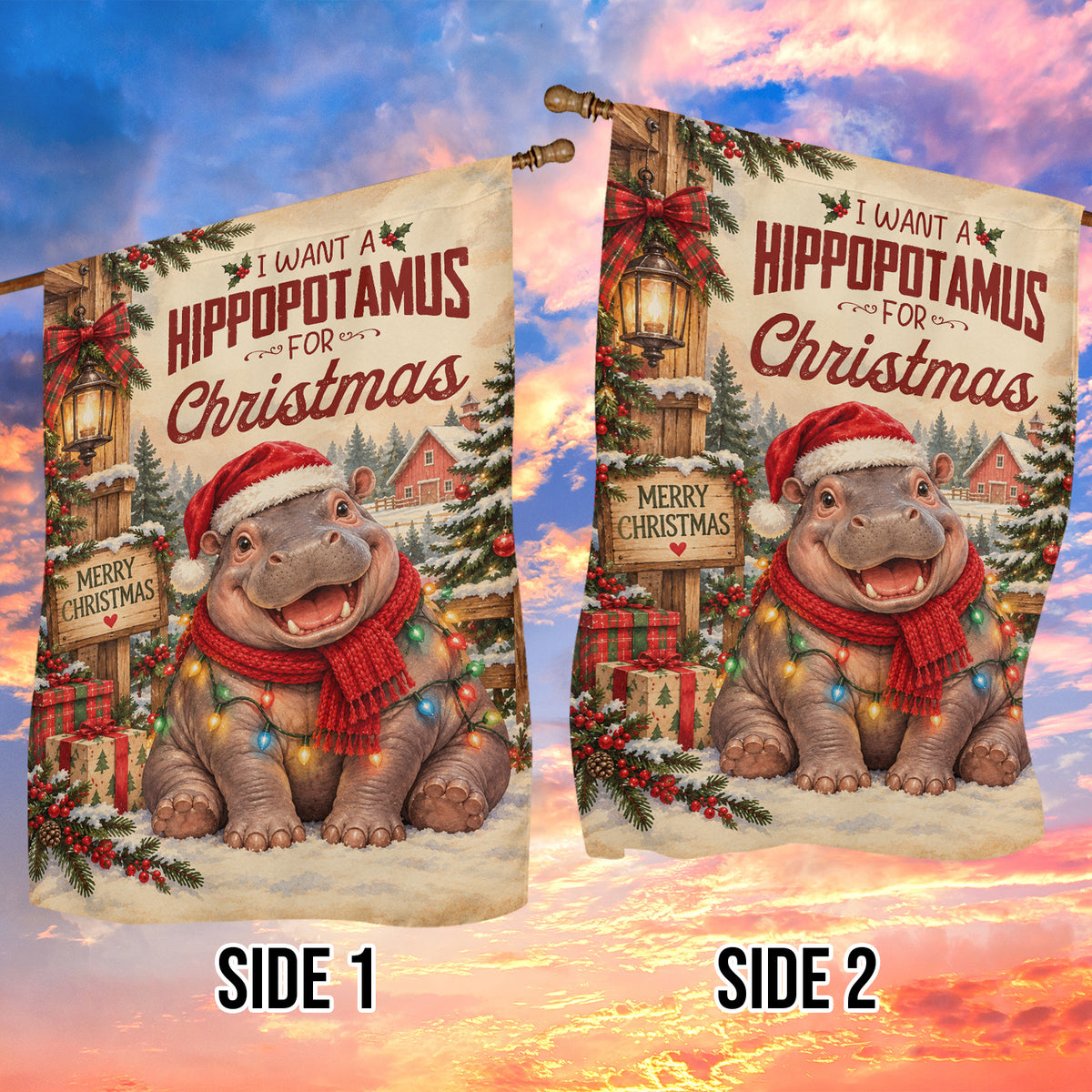 Vintage Merry Christmas Garden & House Flag, I Want A Hippopotamus For Christmas Yard Flag, Xmas Gift For Hippo Lover