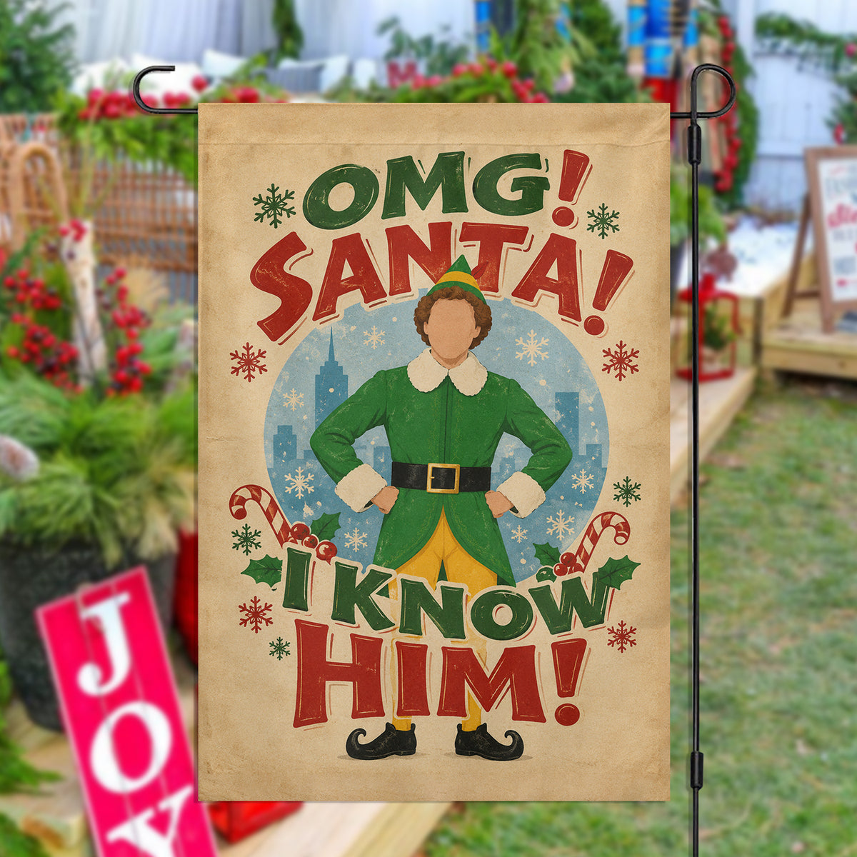Vintage Christmas Buddy The Elf Garden & House Flag, OMG Santa I Know Him Yard Flag, Xmas Gift For Elf Lover