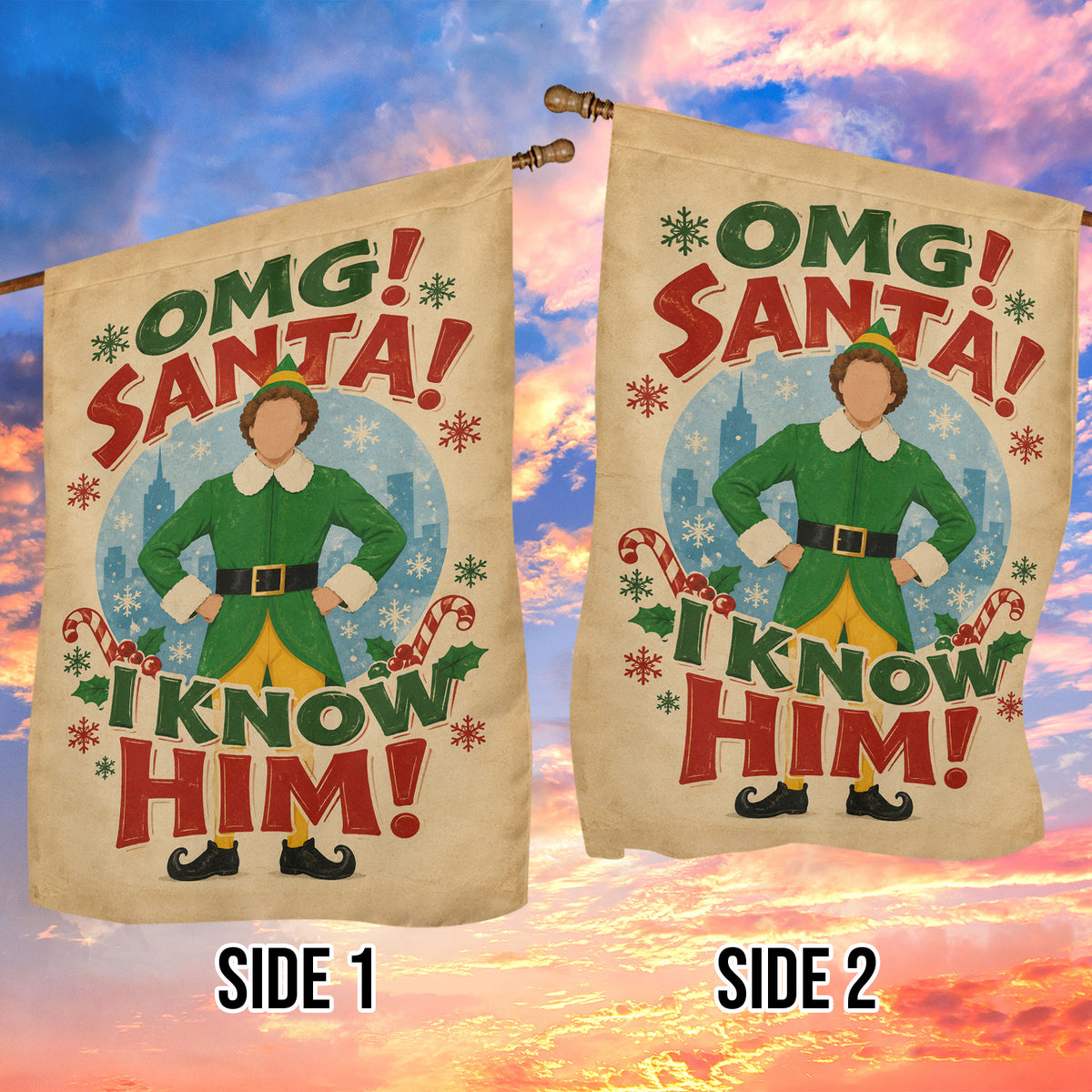 Vintage Christmas Buddy The Elf Garden & House Flag, OMG Santa I Know Him Yard Flag, Xmas Gift For Elf Lover