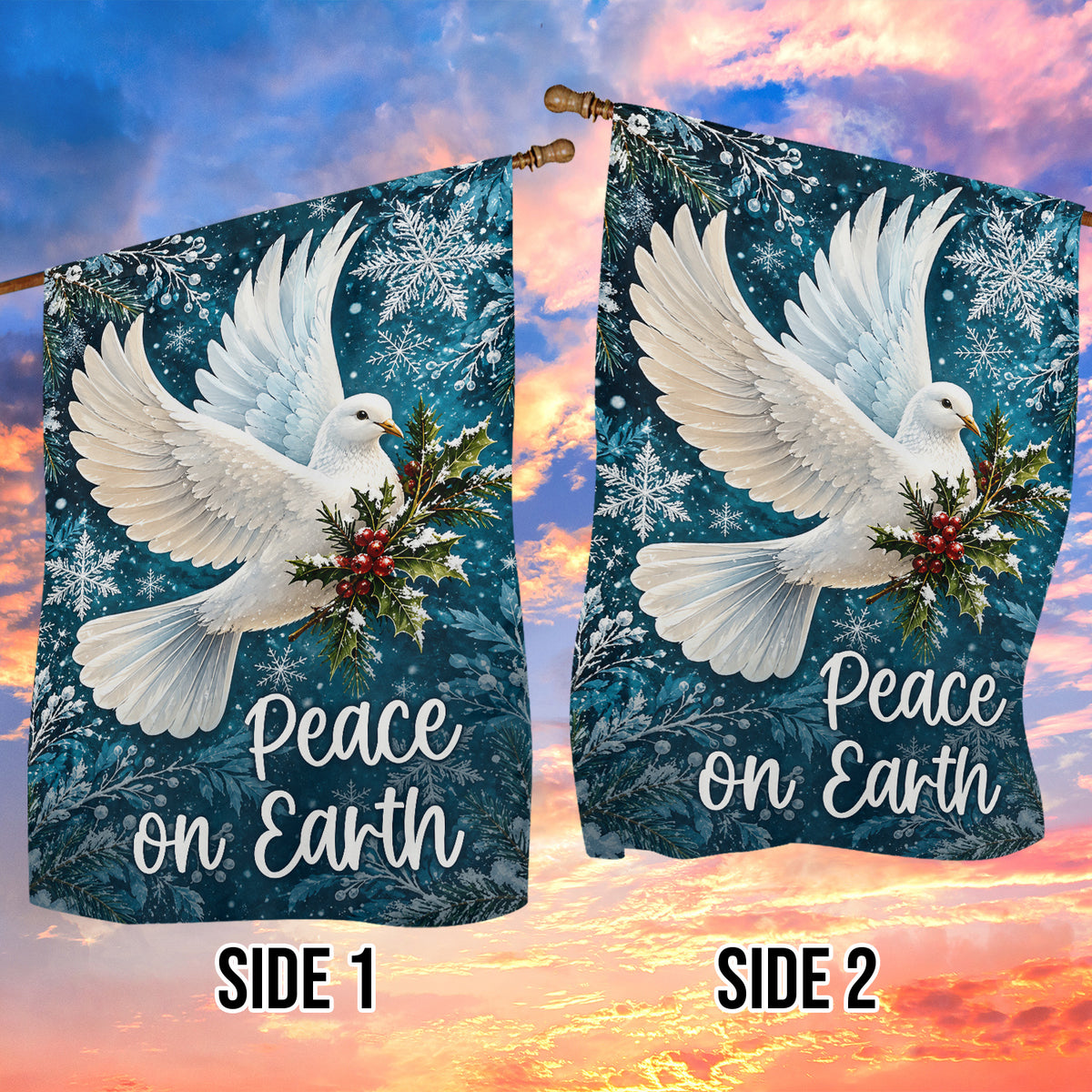 Peace On Earth Christmas Garden & House Flag, White Dove With Holly And Blue Snowflakes Yard Flag, Xmas Gift