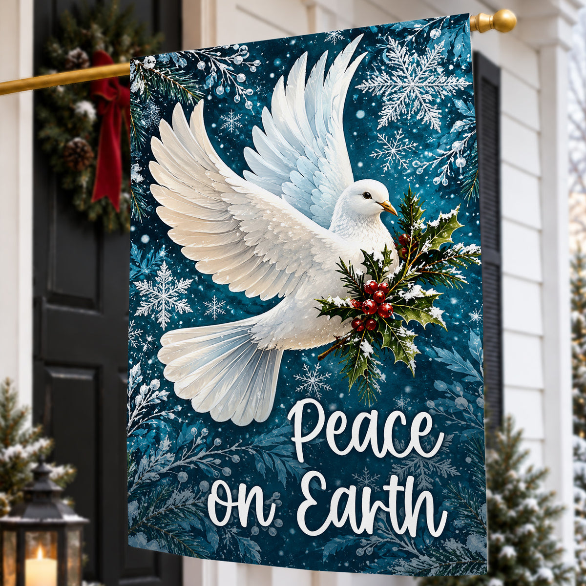 Peace On Earth Christmas Garden & House Flag, White Dove With Holly And Blue Snowflakes Yard Flag, Xmas Gift