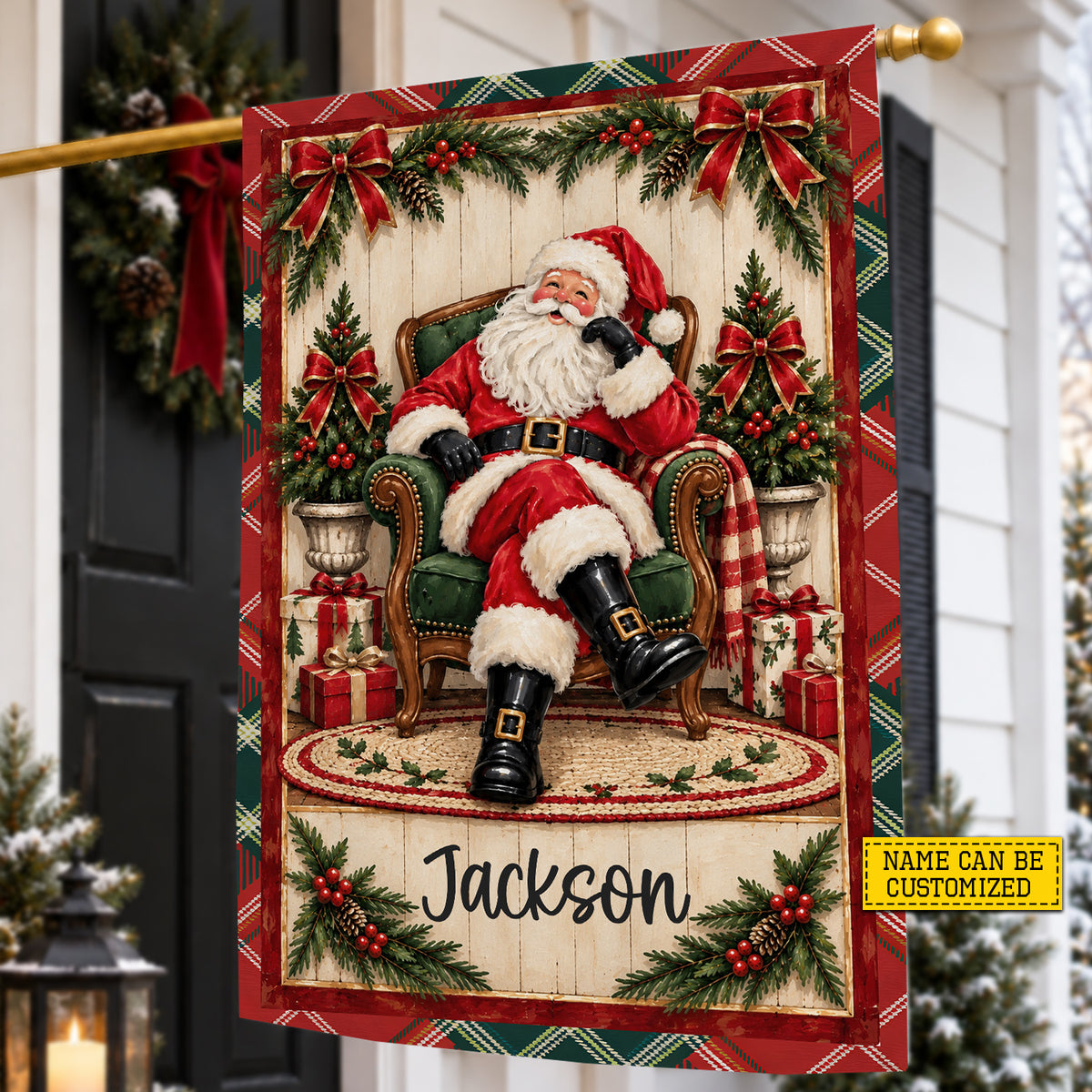 Vintage Personalized Christmas Santa Claus Garden & House Flag, Santa’s Favorite Seat Yard Flag, Xmas Gift