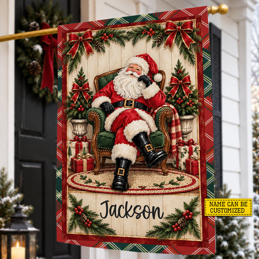Vintage Personalized Christmas Santa Claus Garden & House Flag, Santa’s Favorite Seat Yard Flag, Xmas Gift