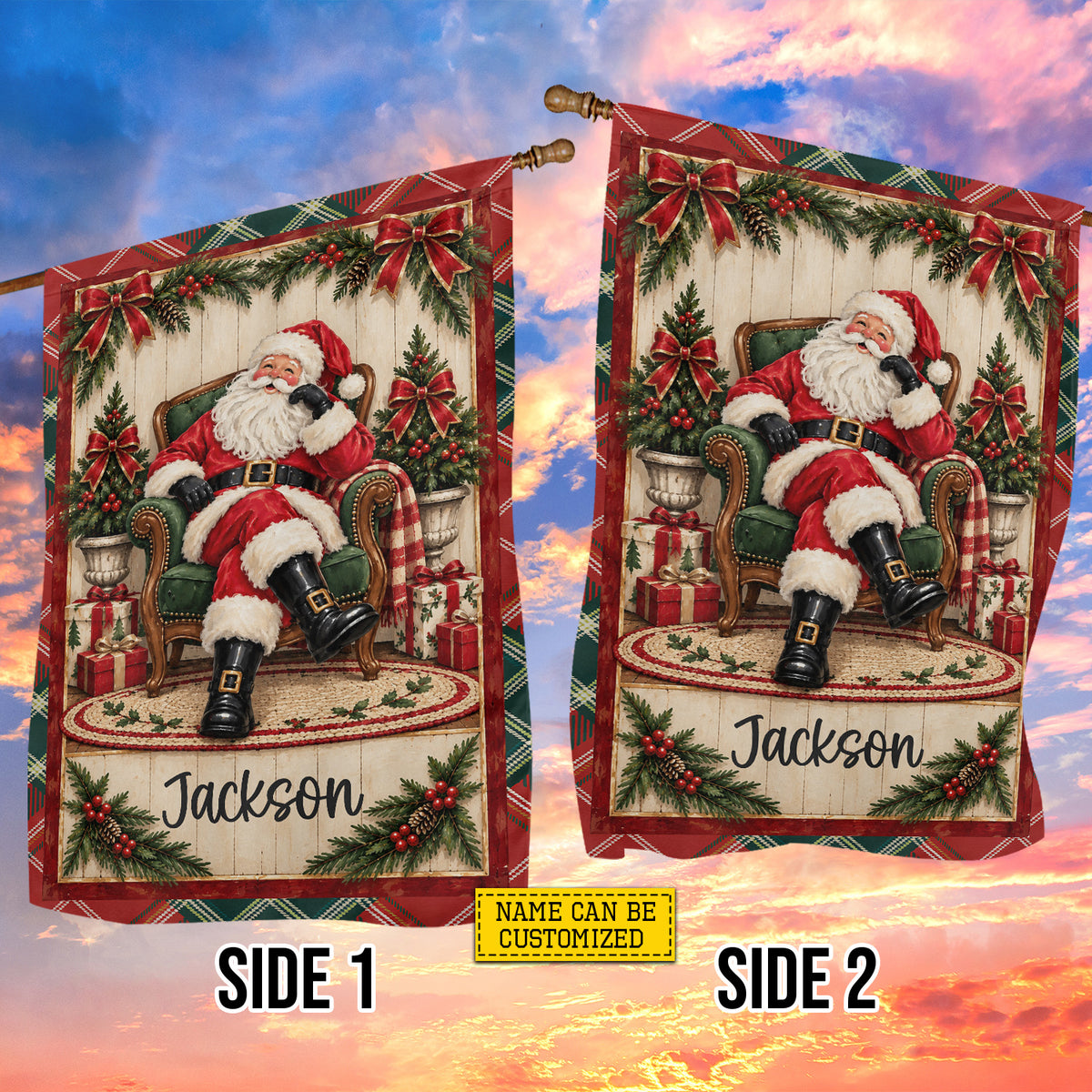 Vintage Personalized Christmas Santa Claus Garden & House Flag, Santa’s Favorite Seat Yard Flag, Xmas Gift