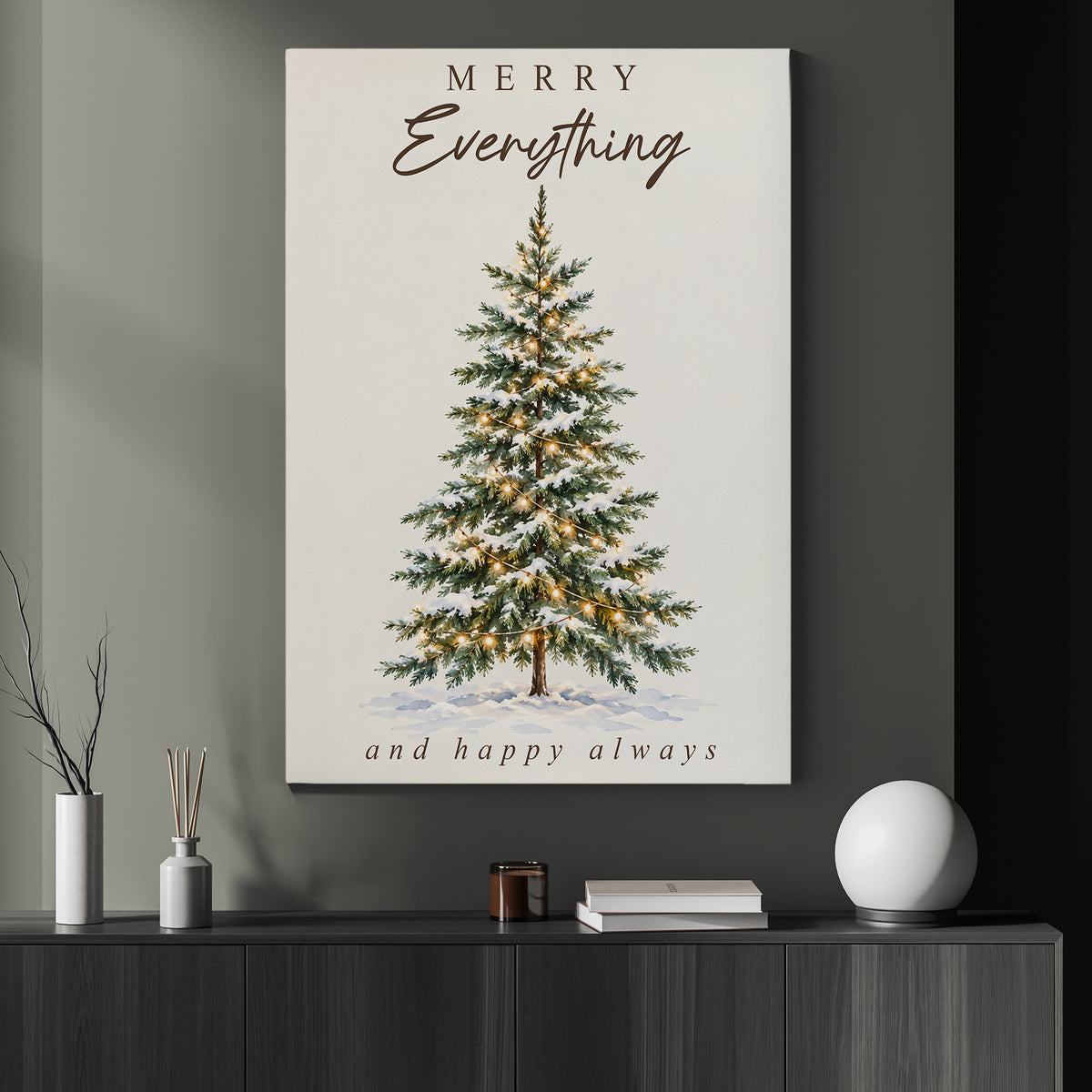 Christmas Tree Canvas Painting, Merry Everything And Happy Always Wall Art Decor, Xmas Quote Poster Gift
